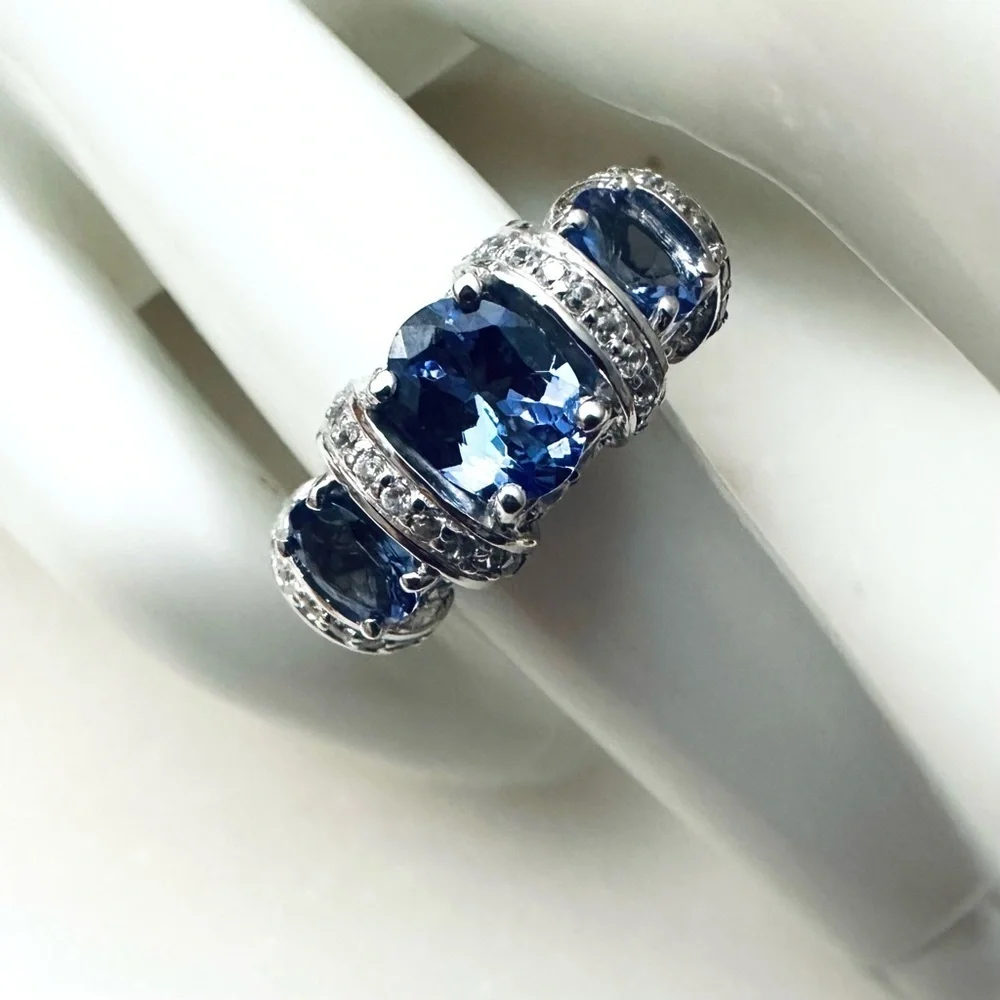 3 Stone Blue Tanzanite | White Zircon Rhodium over Sterling Silver Ring 2.44ctw